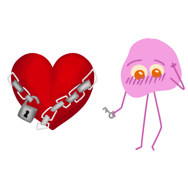 En figur med en nøgle i hånden, som har låst en kæde op, der er snorret rundt om et hjerte