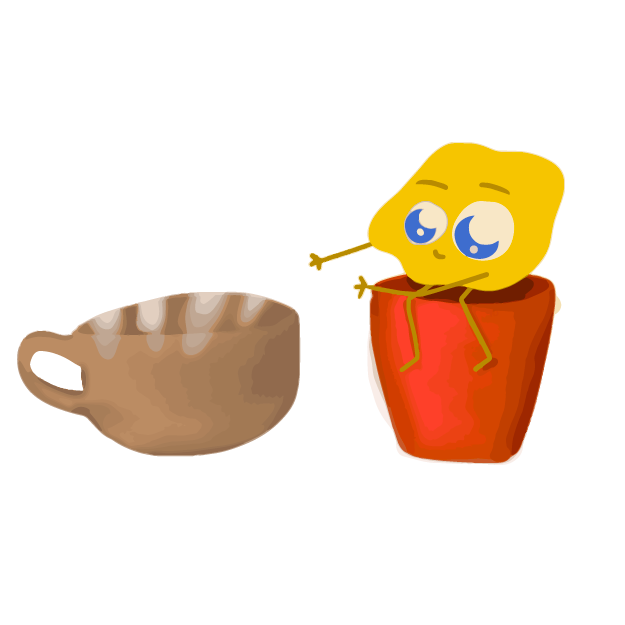 En figur, som sidder ovenpå en kop og smilende rækker ud til en varm kaffekop