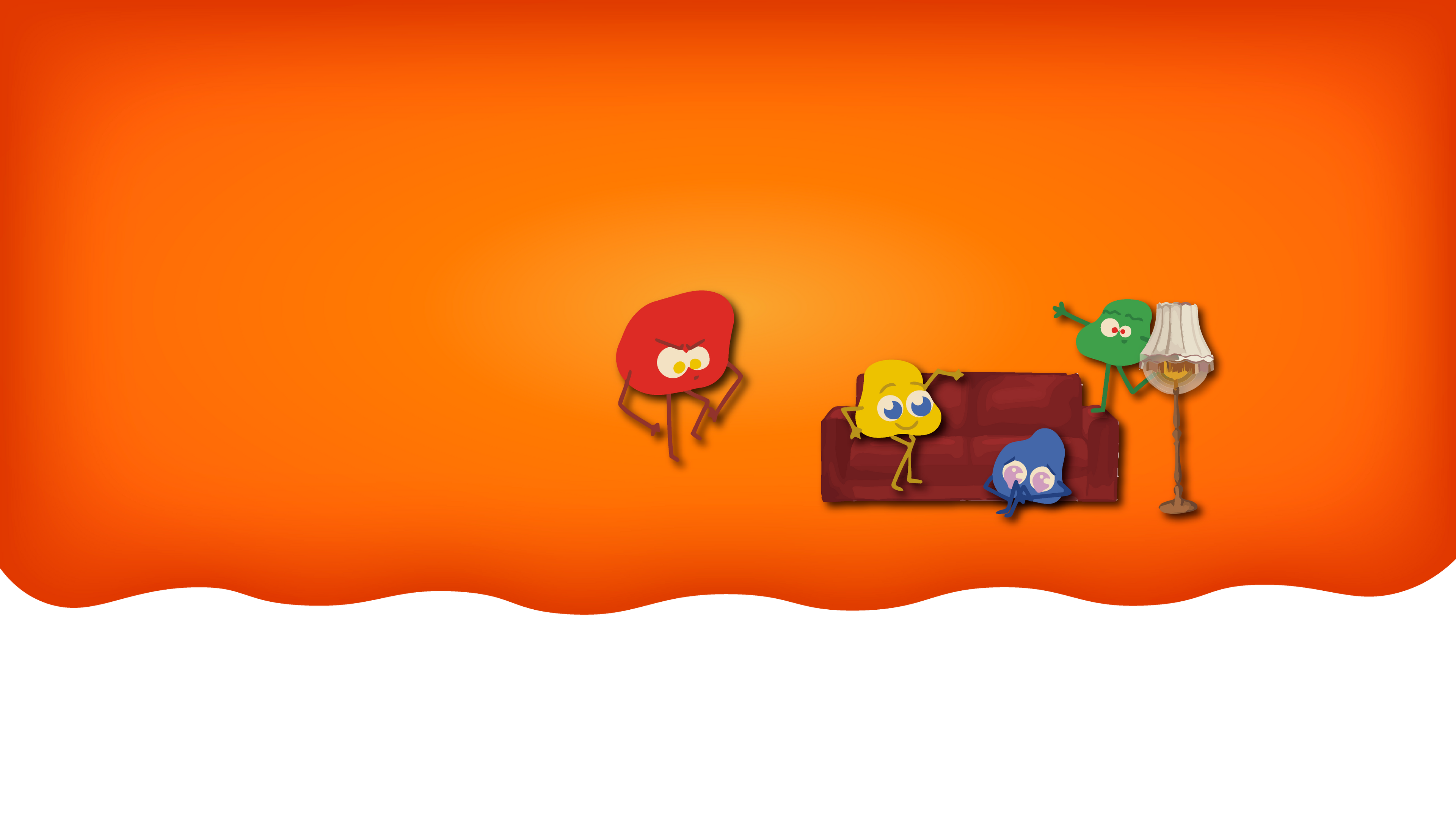 Fire farverige figure omkring en sofa og en gulvlampe