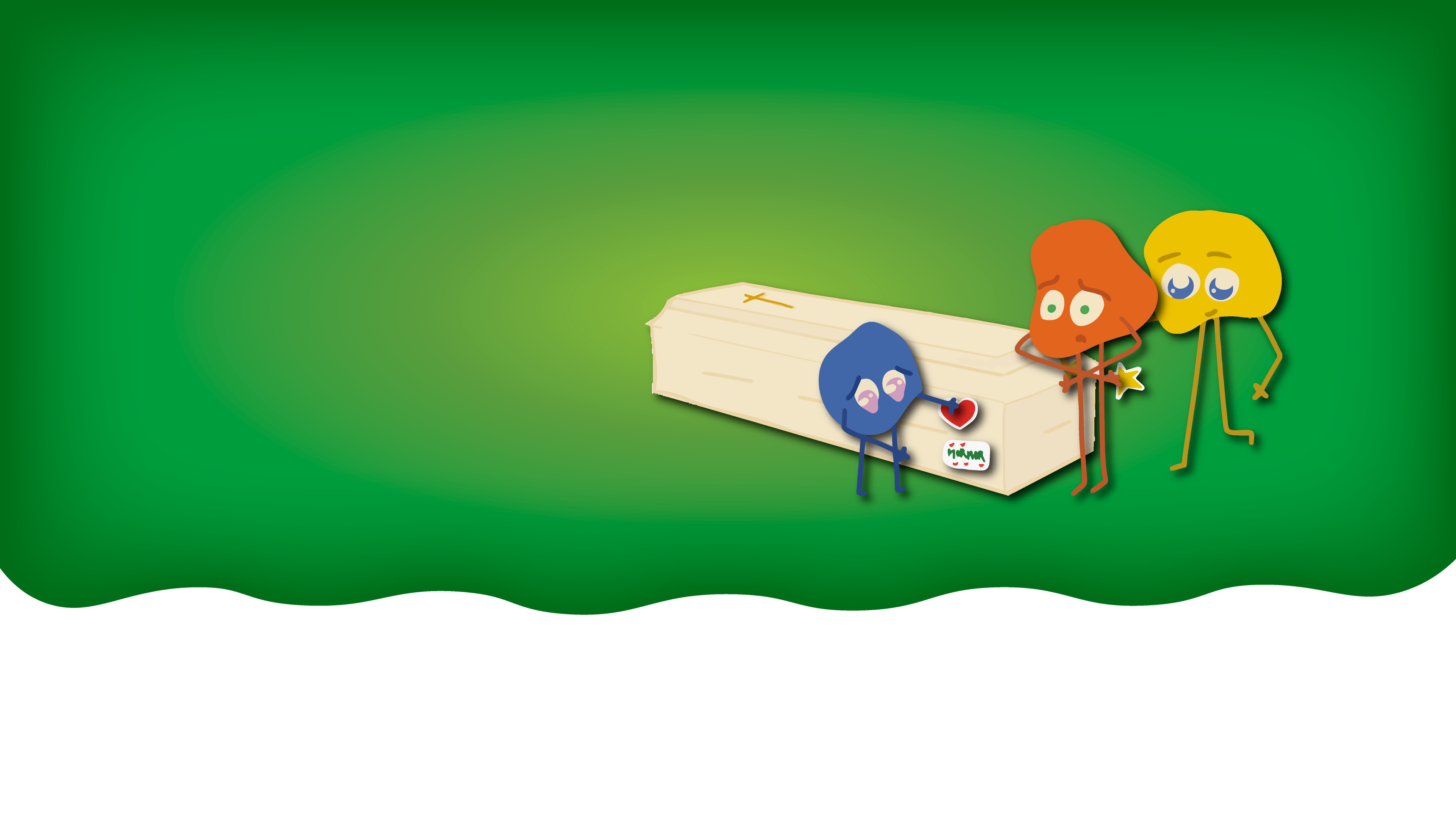 Tre figure sætter farvelagte klistermærker på kiste