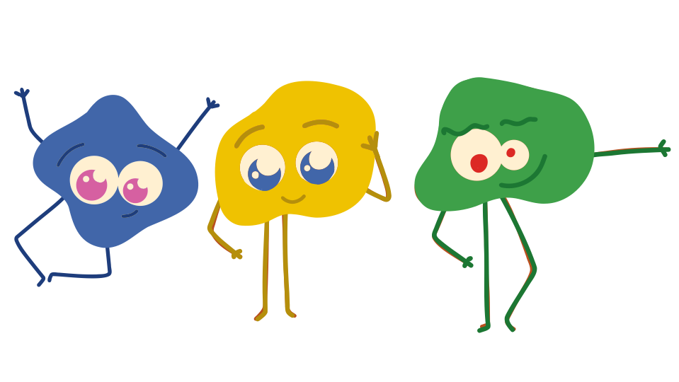 Tre farverige figure farvelagte af i alt tre